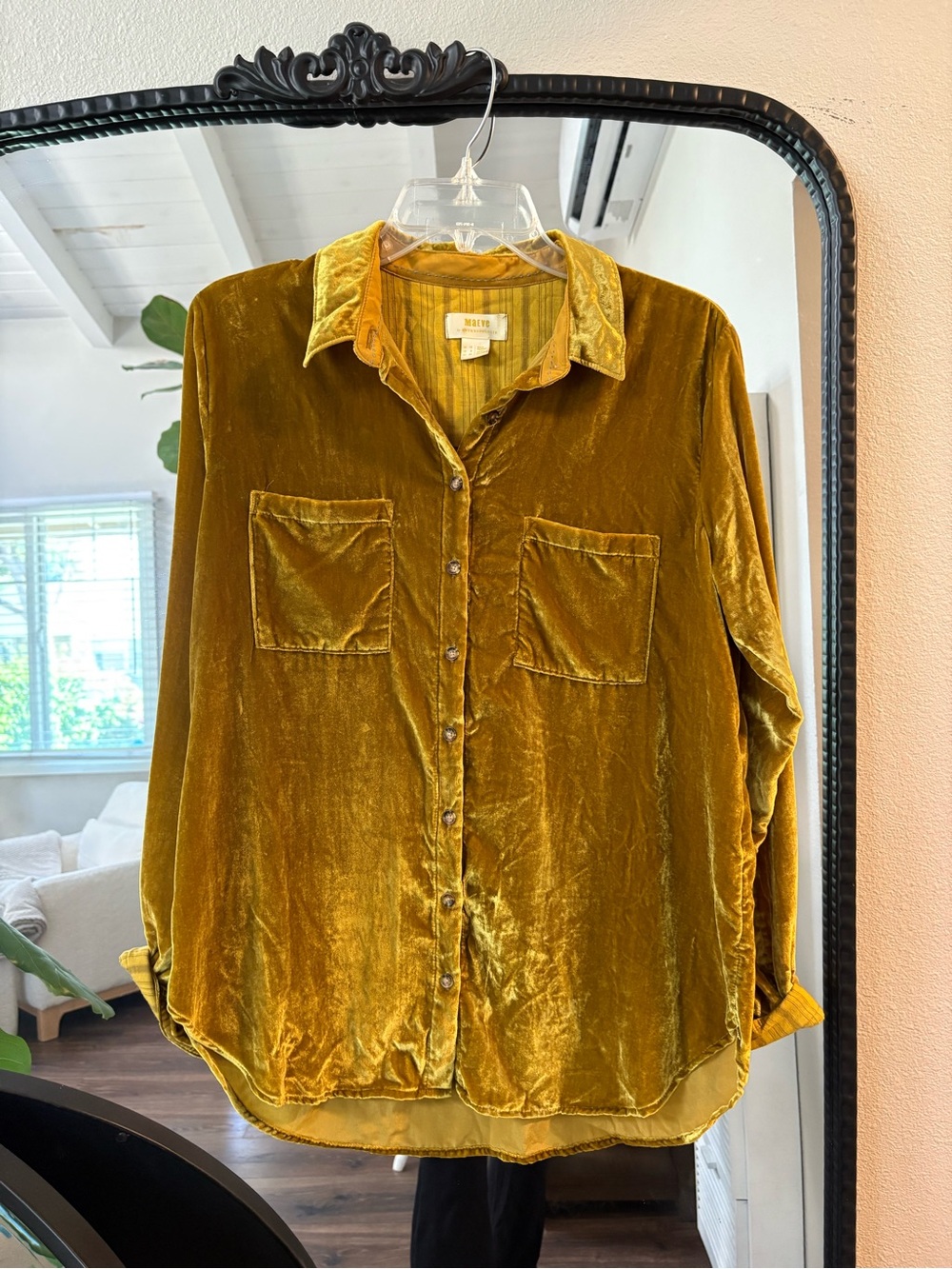 Anthropologie Olive Velvet Button-Down Shirt - Picture 2 of 4